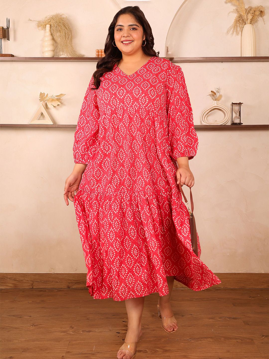 Pink Cotton Print Plus Size Dress — view 5