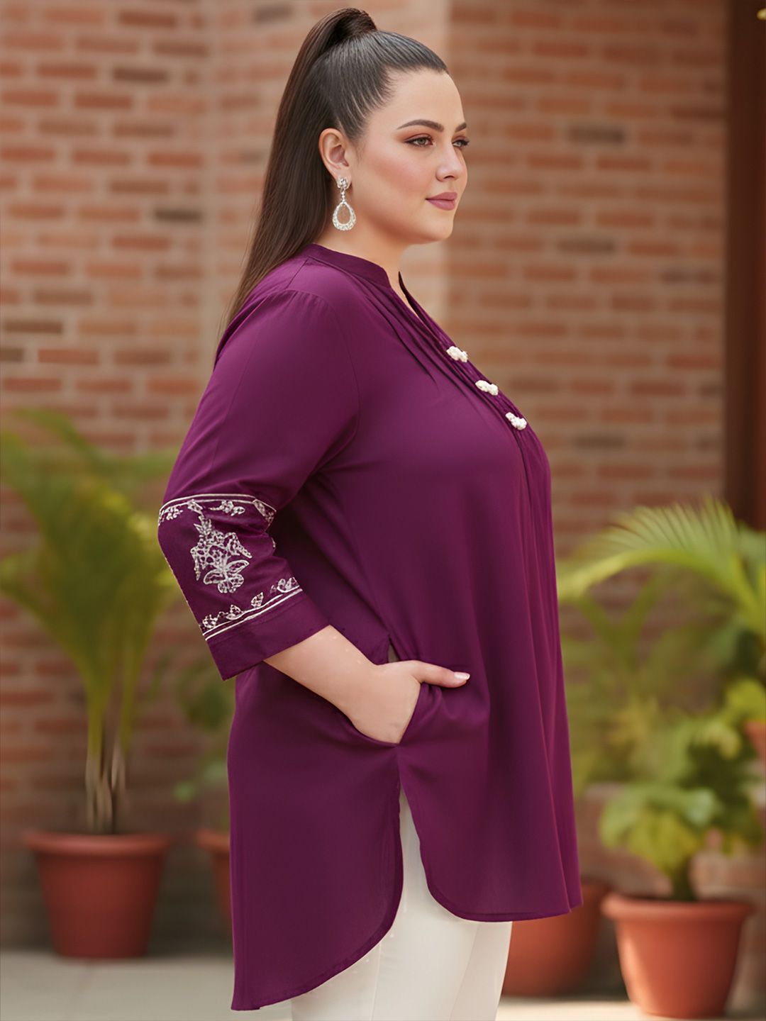 Burgundy Cotton Embroidered Tunic — view 3