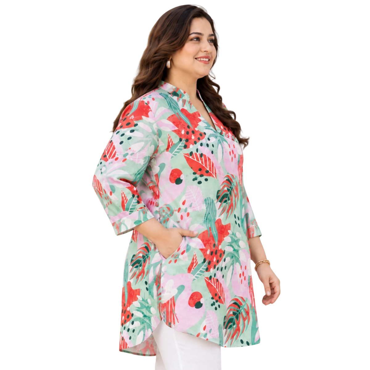 Red and Green Abstract Print Long Tunic