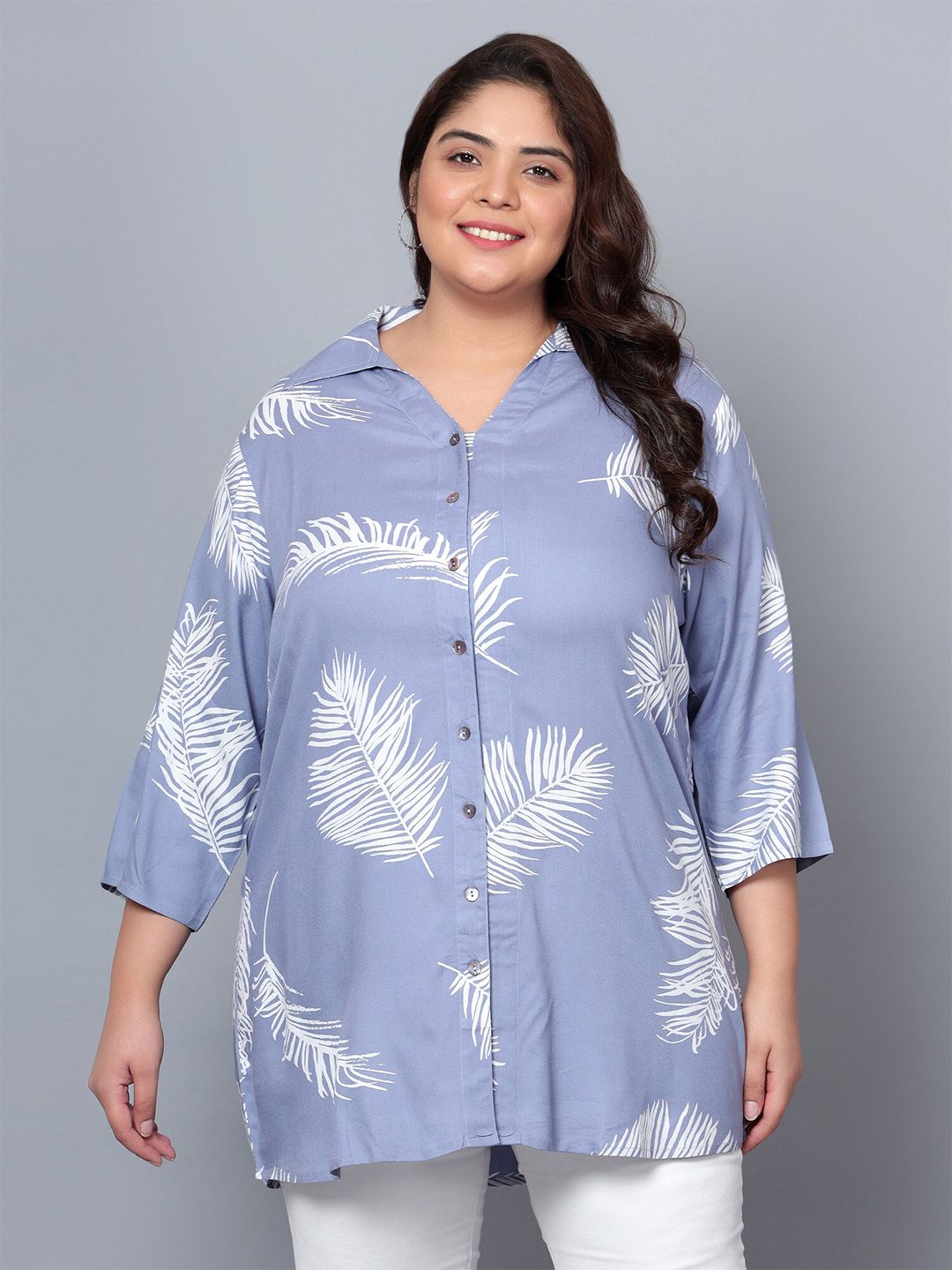 Blue Leaf Print Plus Size Shirt — view 1