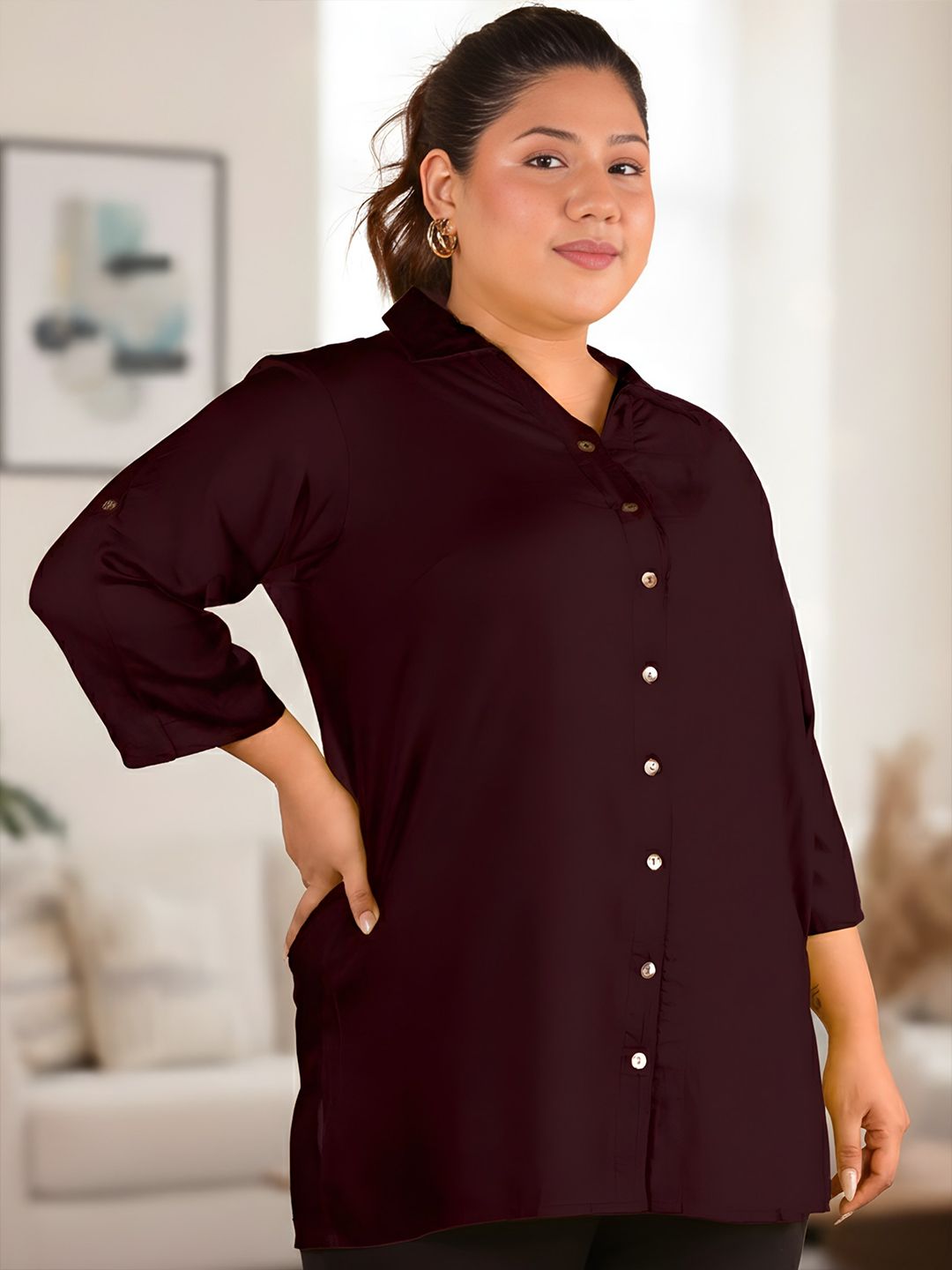 Brown Longline Plus Size Shirt — view 3