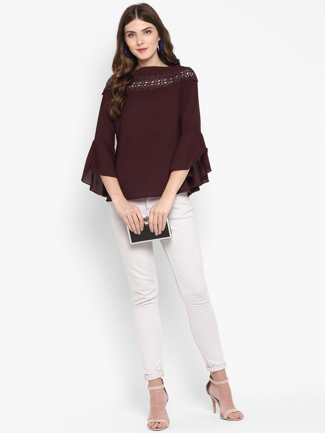 Brown Solid Lace Top — view 5