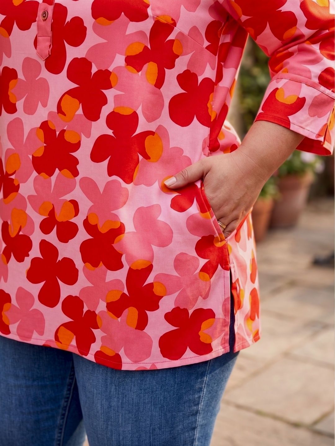 Red and Orange Floral Print Plus Size Tunic — view 6