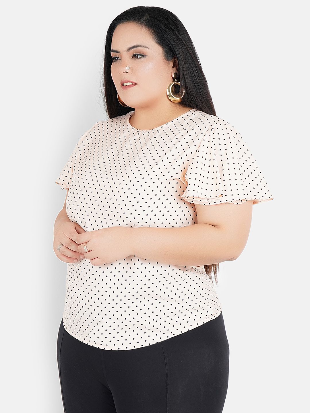 Peach Polka Dot Flutter Sleeve Top — view 3