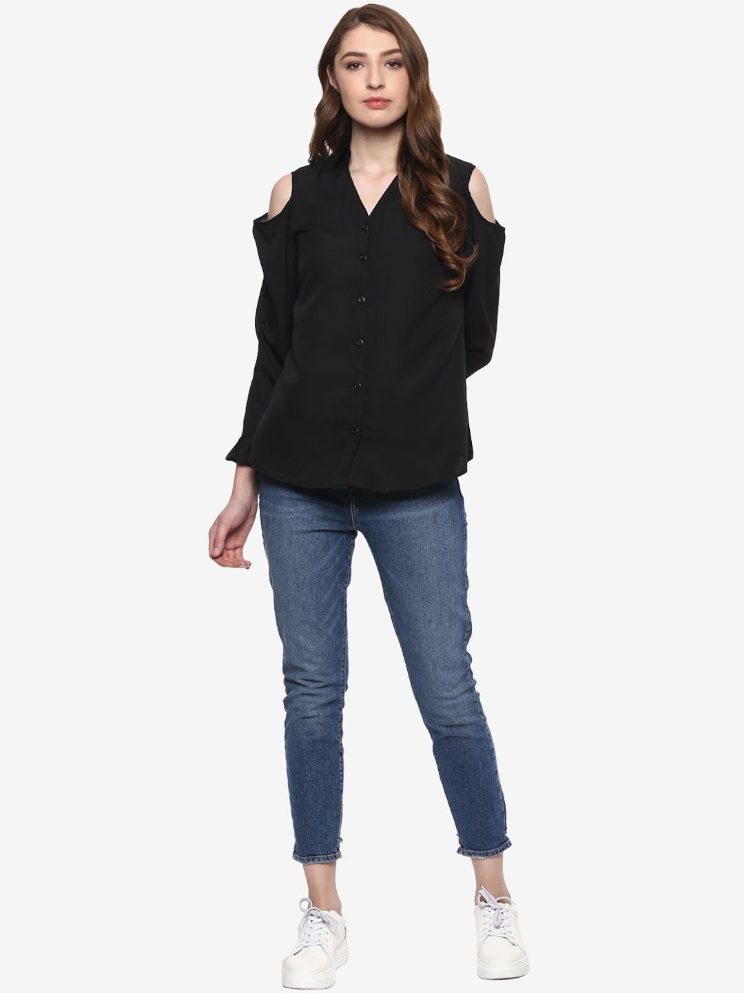 Black Cold Shoulder Ruffled Shirt — view 5