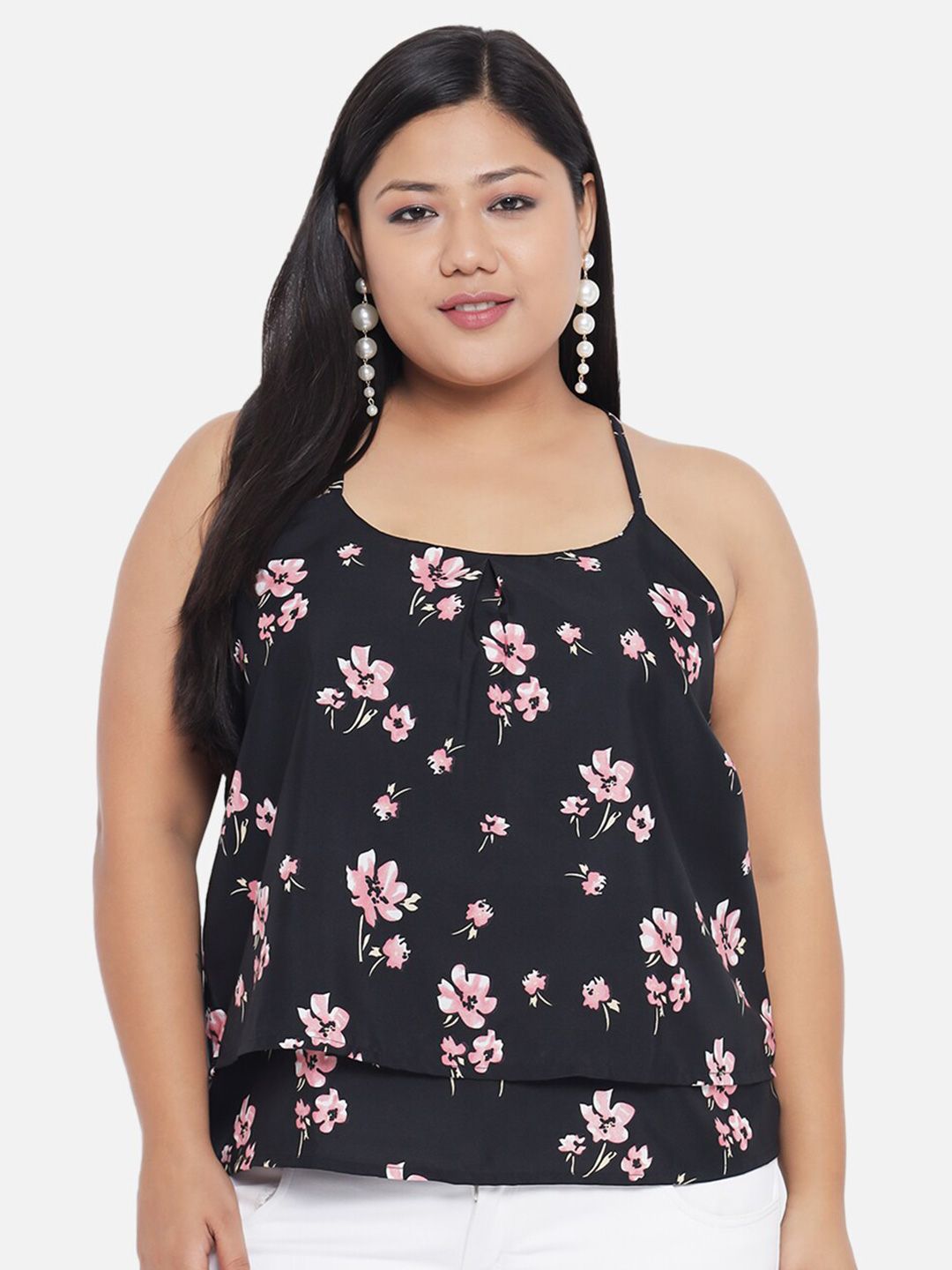 Black Floral Strap Top — view 1