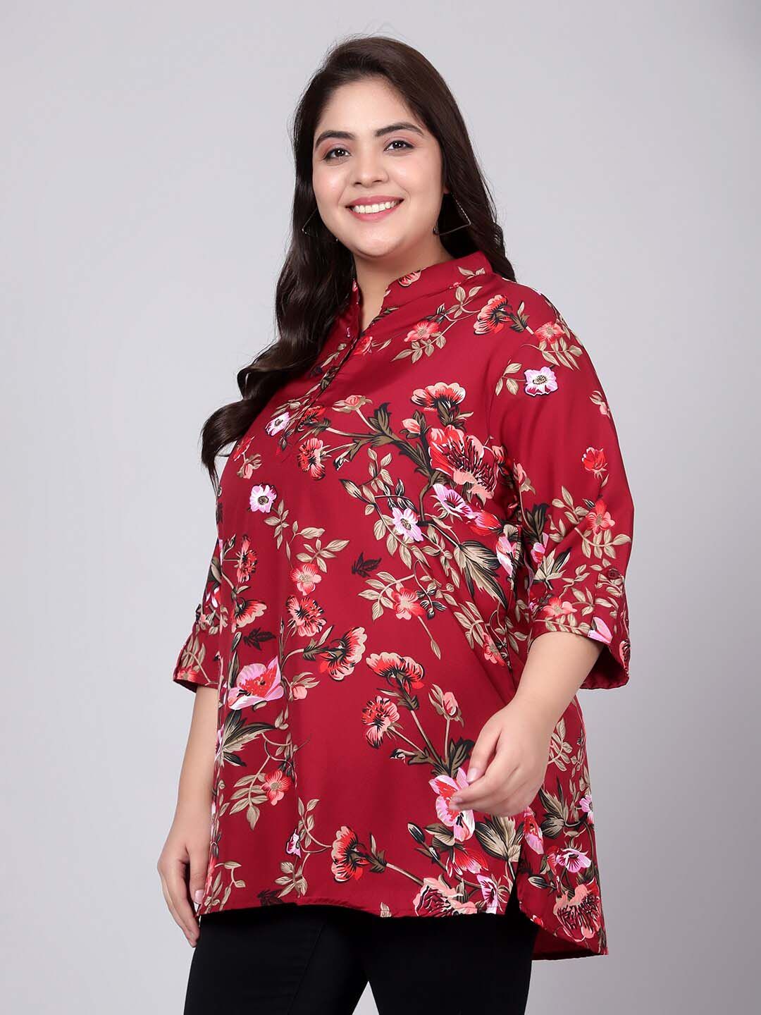 Maroon Floral Print Plus Size Tunic — view 4