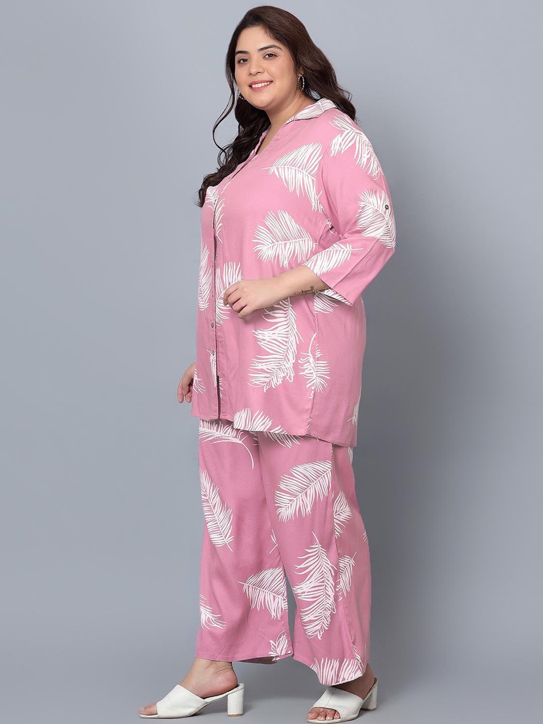 Pink Leaf Print Plus Size Co-Ord Set — view 4