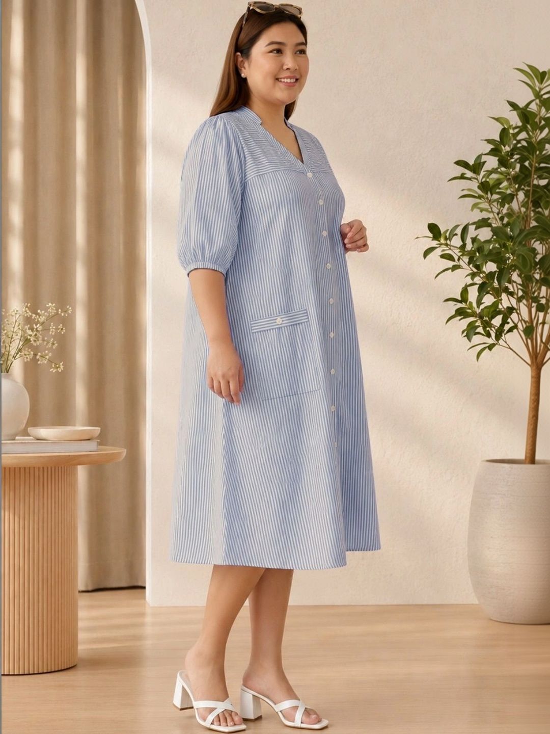 Blue Stripe Print Linen Midi Dress — view 4