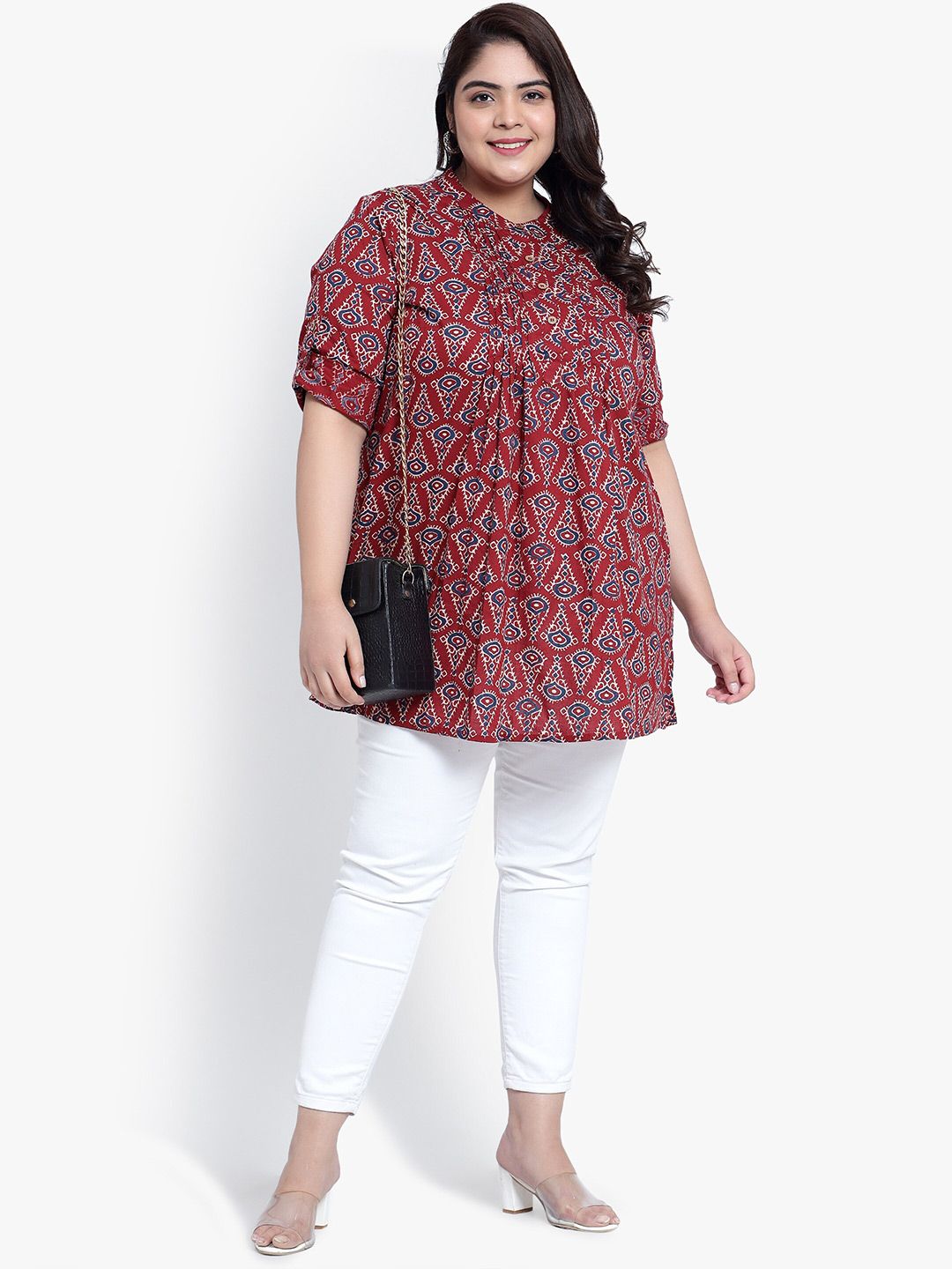 Red Geometric Print Pleat Plus Size Tunic — view 6
