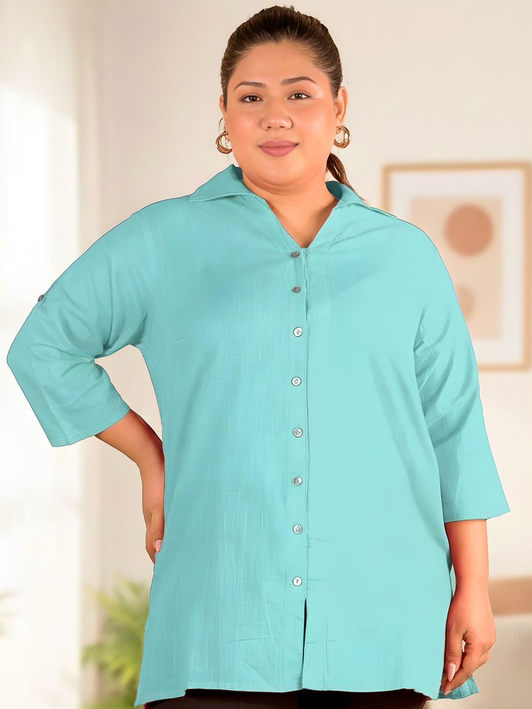 Blue Cotton Longline Plus Size Shirt — view 1