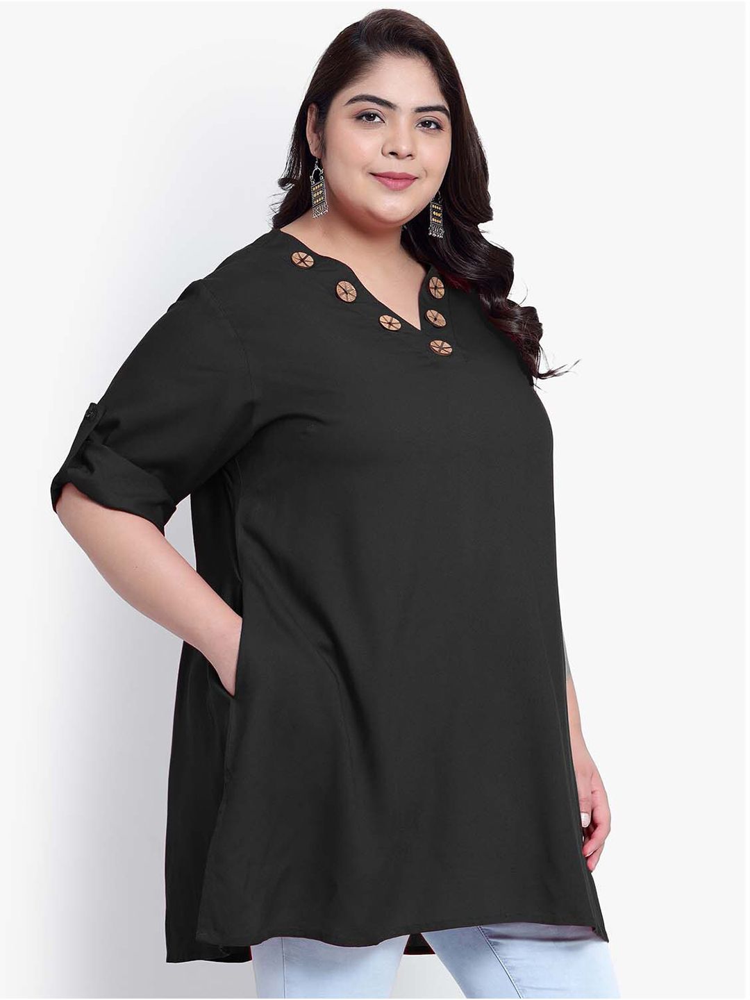 Black Collar Button Plus Size Tunic — view 3