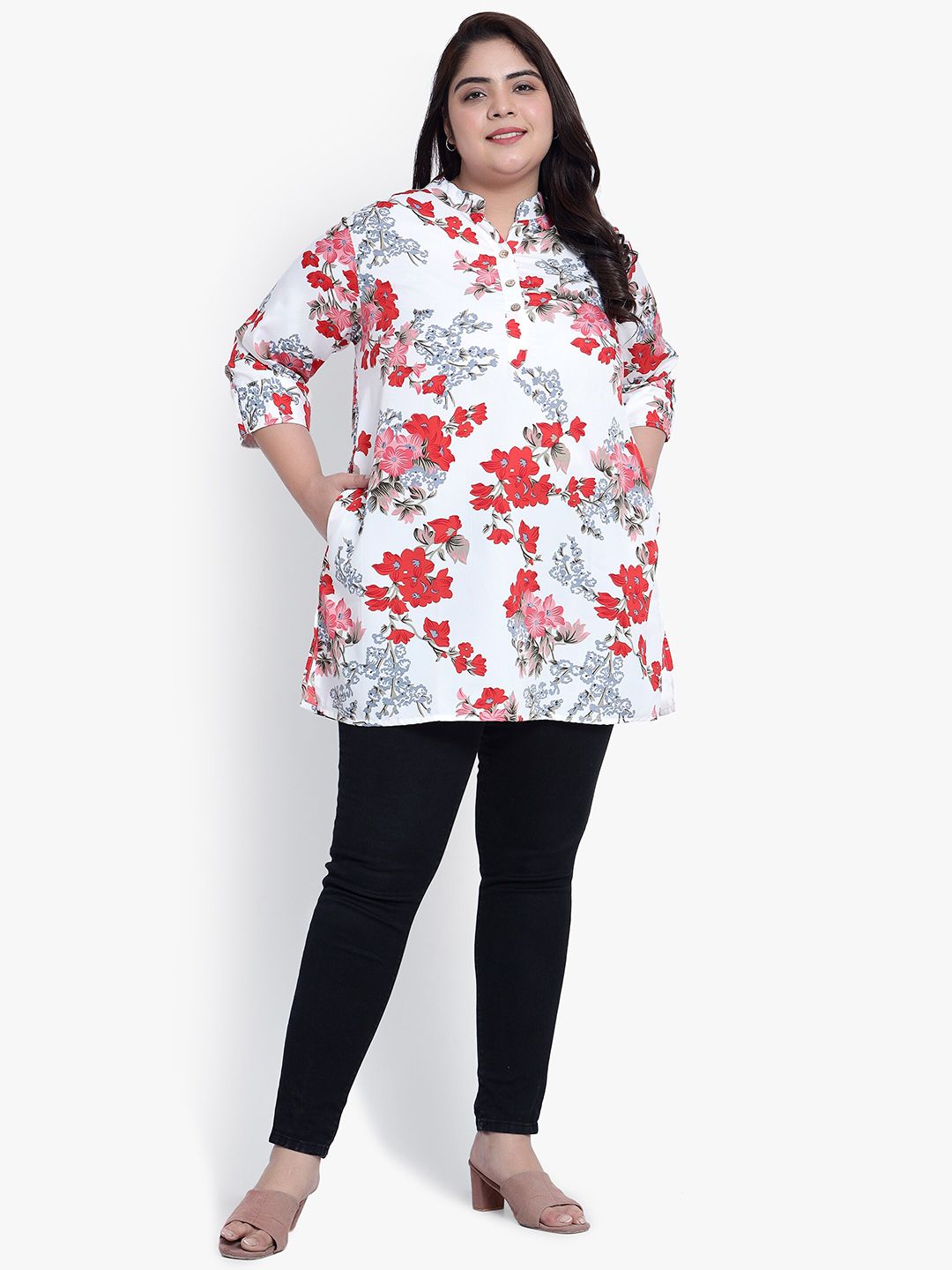 White Floral Print Plus Size Tunic — view 6