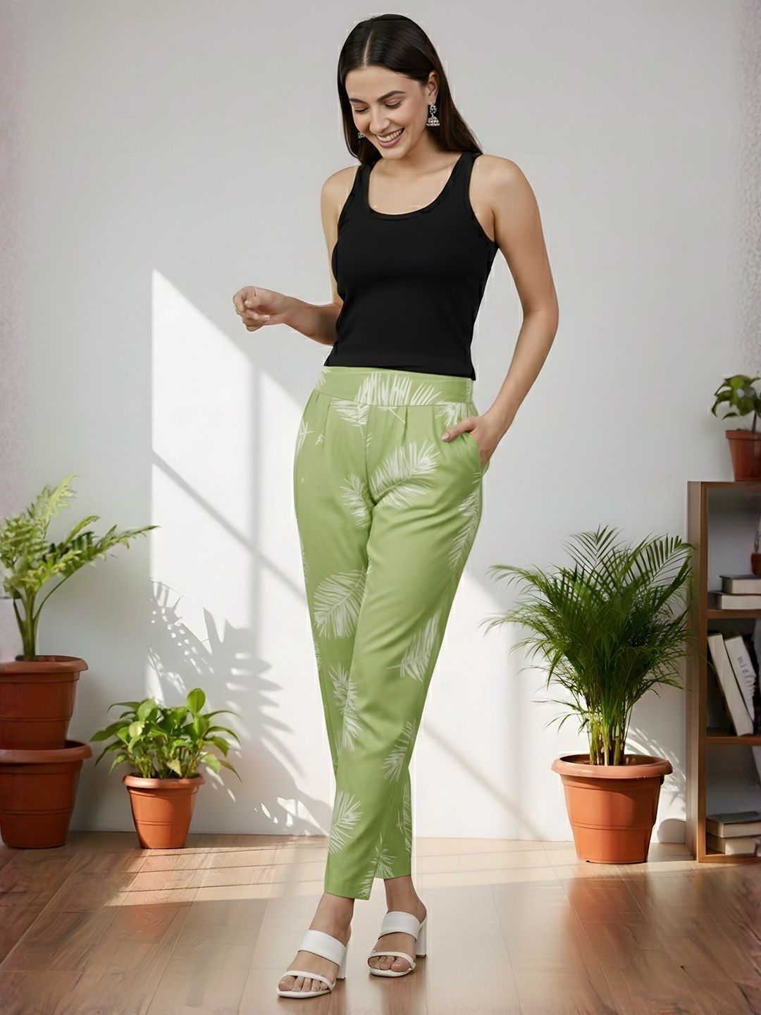 Green Leaf Print Trousers — view 6