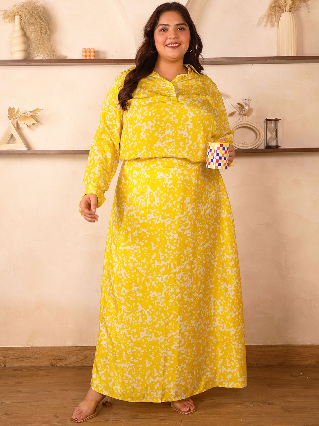 Yellow Satin Print Plus Size Co Ord Set — view 6
