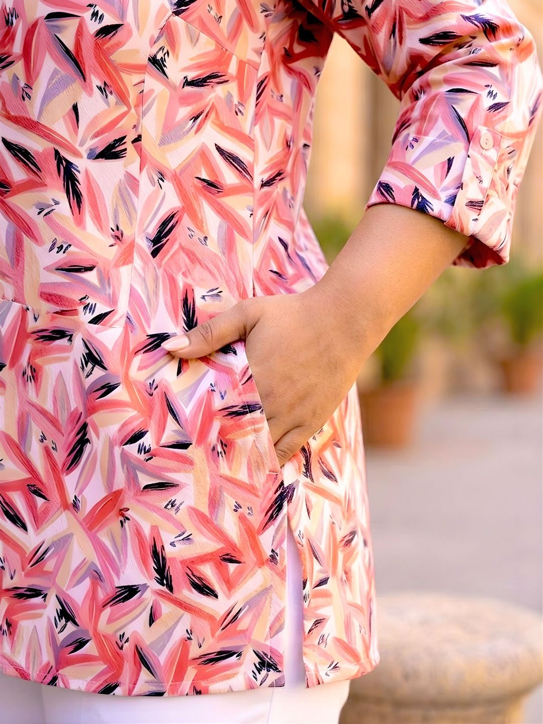 White and Pink Abstract Print Plus Size Tunic — view 5