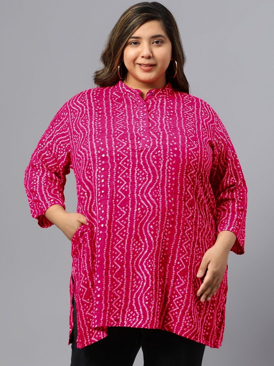 Pink Bandhani Print Plus Size Tunic — view 1