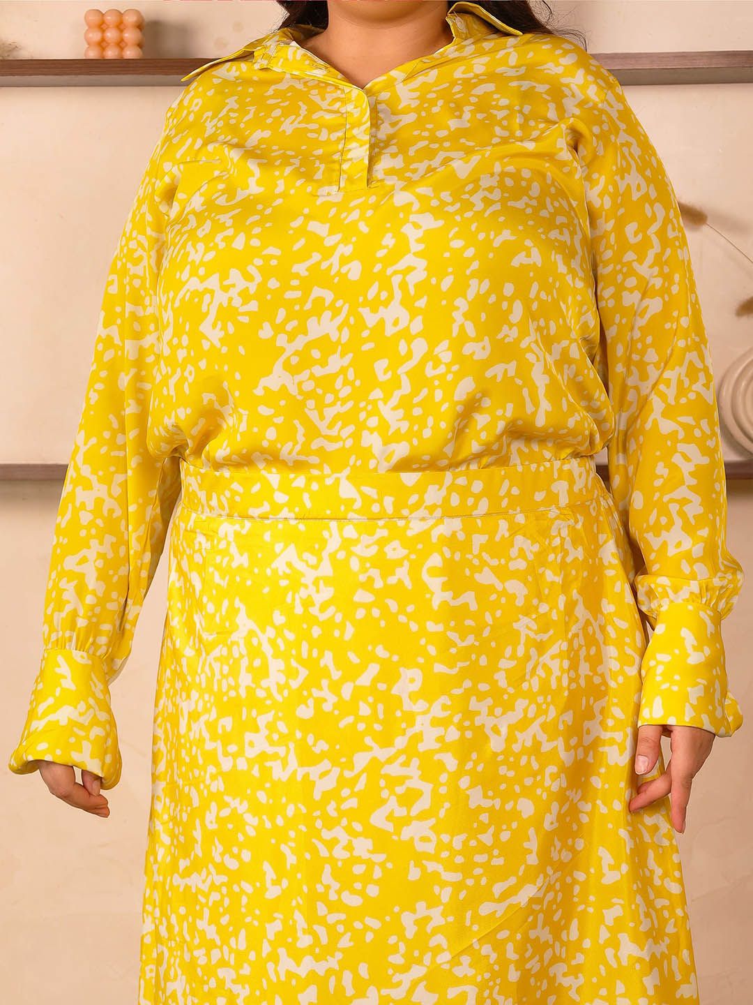 Yellow Satin Print Plus Size Co Ord Set — view 2