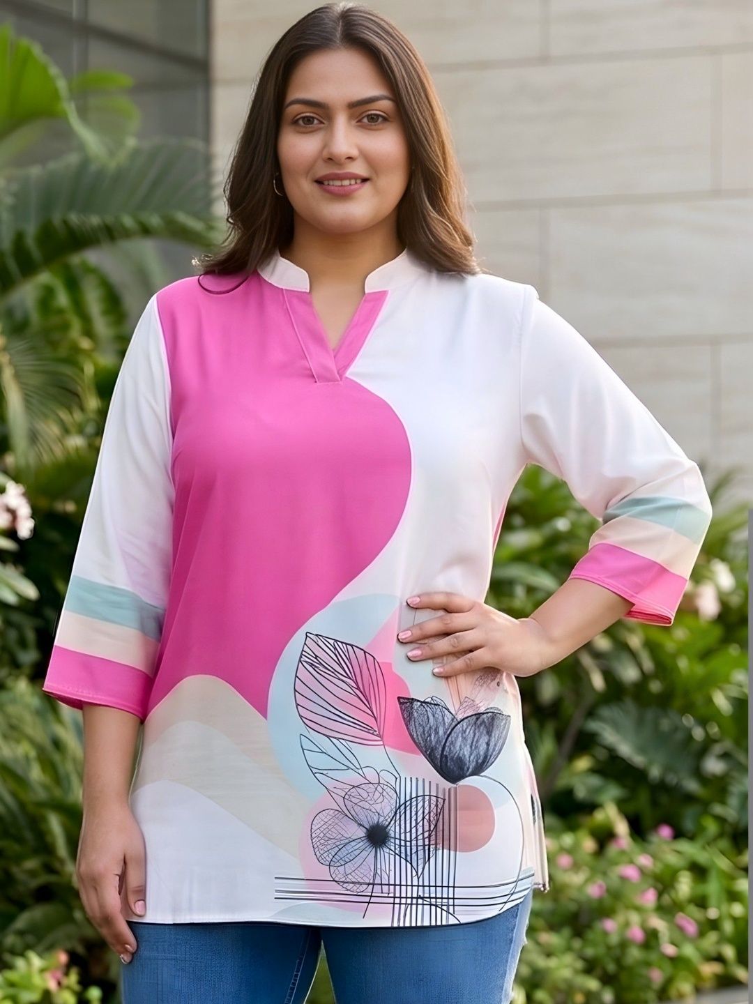Pink and OffWhite Print Tunic — view 1