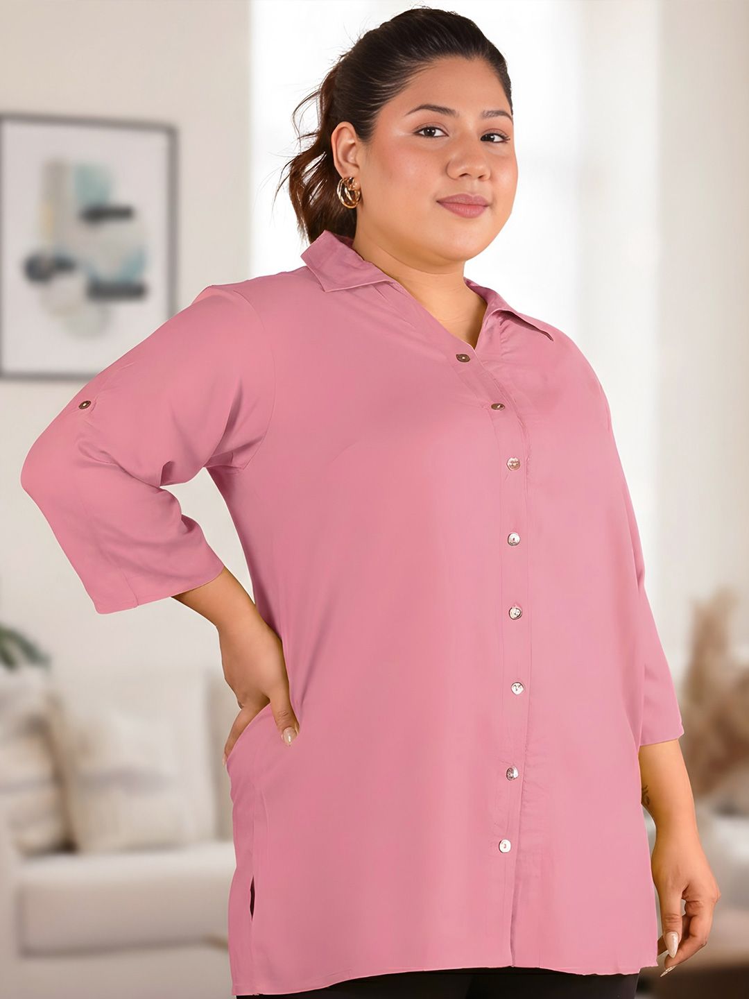 Pink Longline Plus Size Shirt — view 4