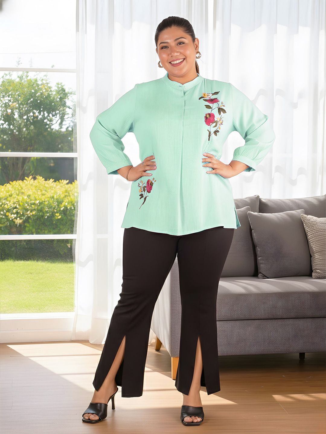 Green Floral Embroidered Plus Size Tunic — view 6