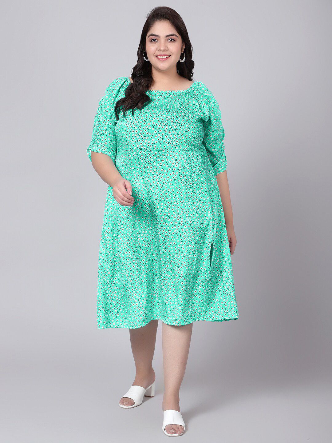 Green Floral Print Slit Dress — view 1