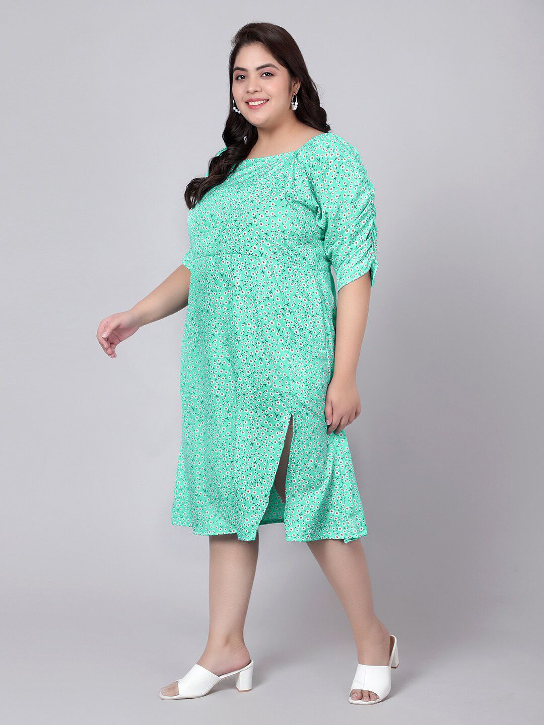 Green Floral Print Slit Dress — view 4