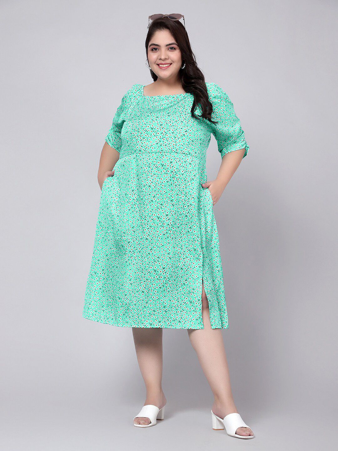 Green Floral Print Slit Dress — view 6