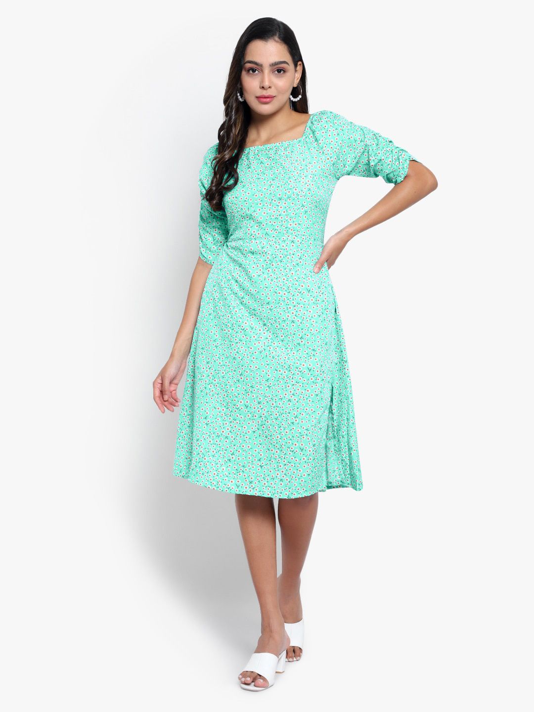 Green Floral Print Slit Dress — view 7