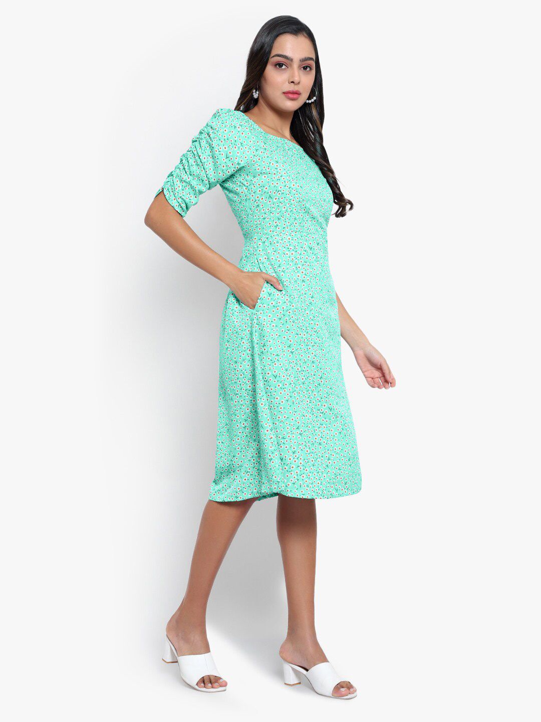 Green Floral Print Slit Dress — view 9