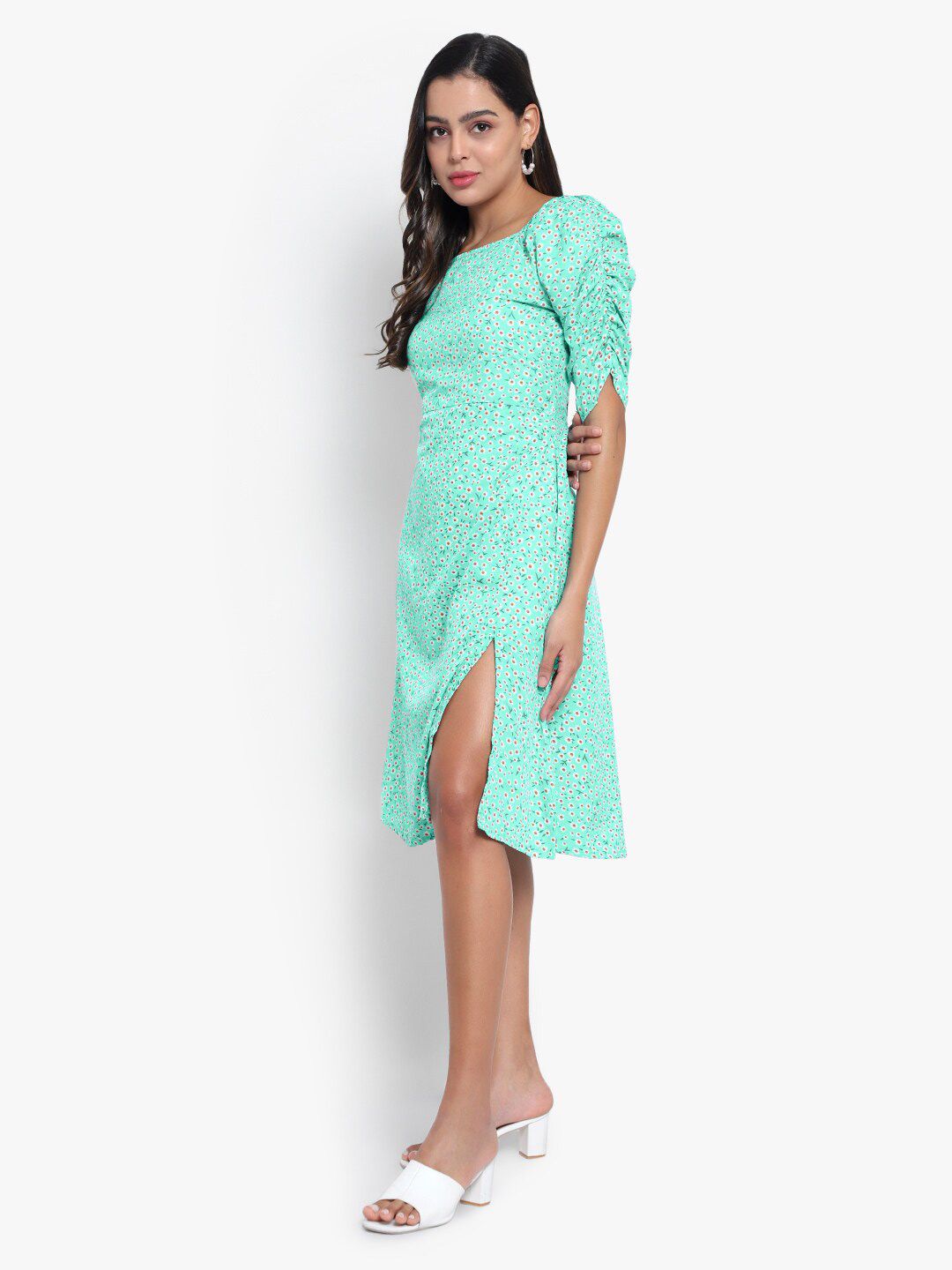 Green Floral Print Slit Dress — view 10