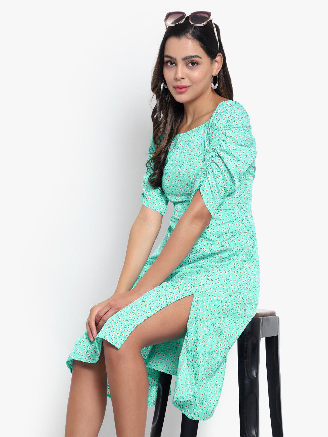 Green Floral Print Slit Dress — view 12