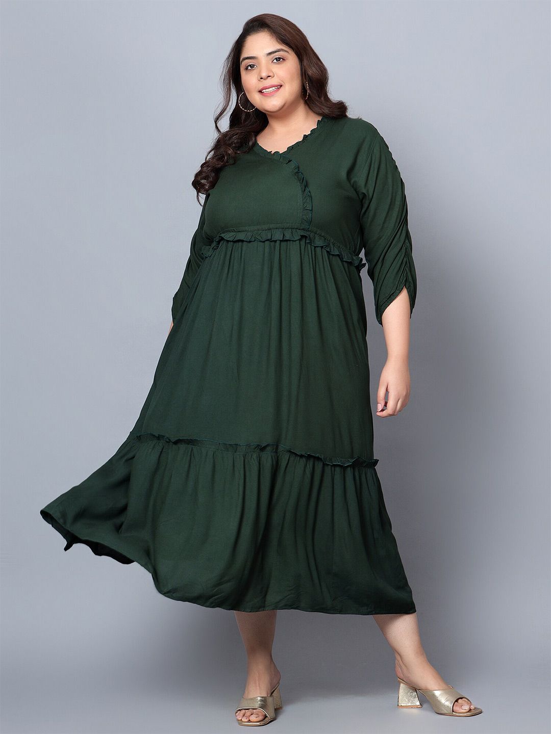 Dark Green Solid Tier Plus Size Dress — view 1