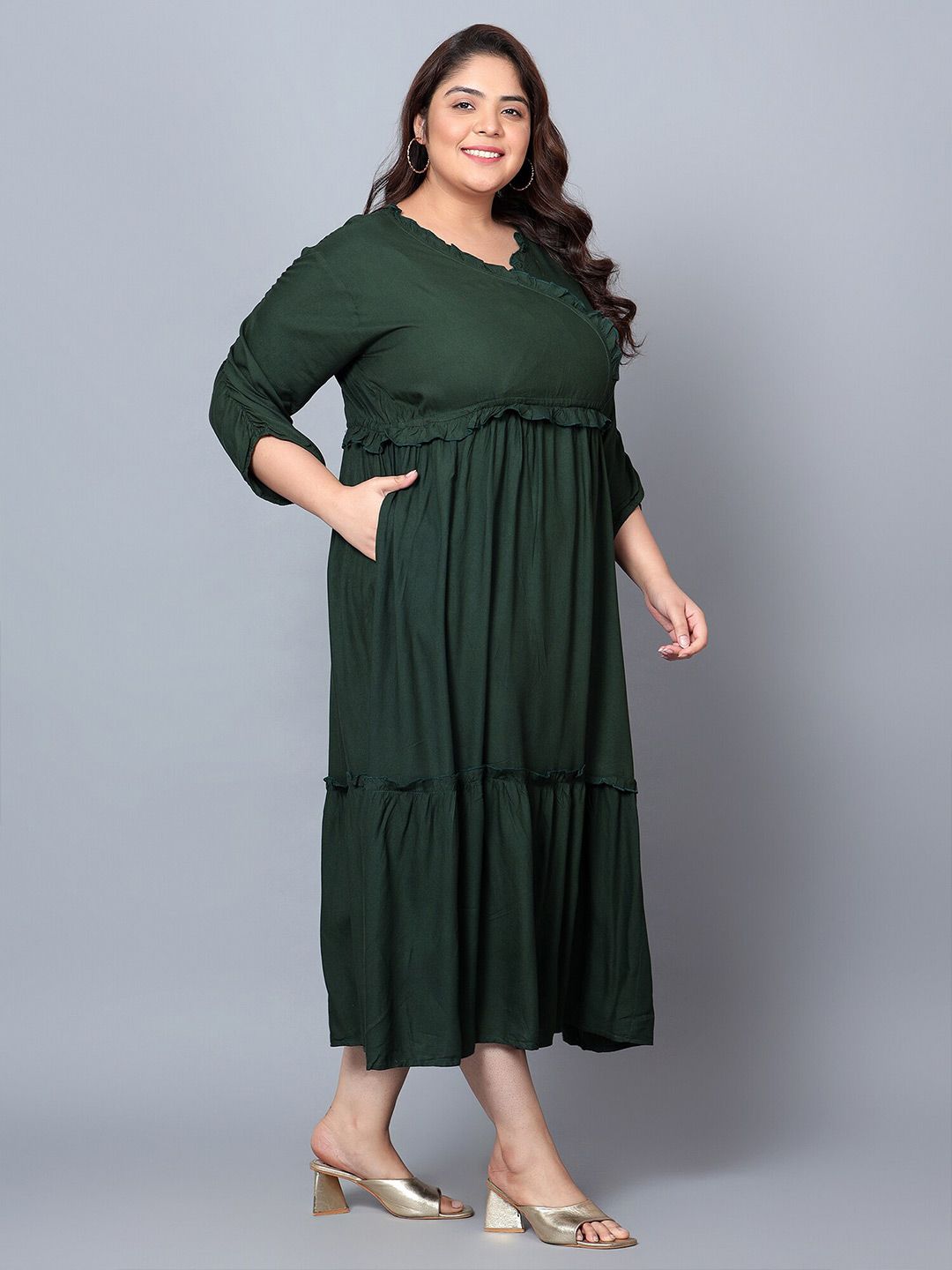 Dark Green Solid Tier Plus Size Dress — view 3