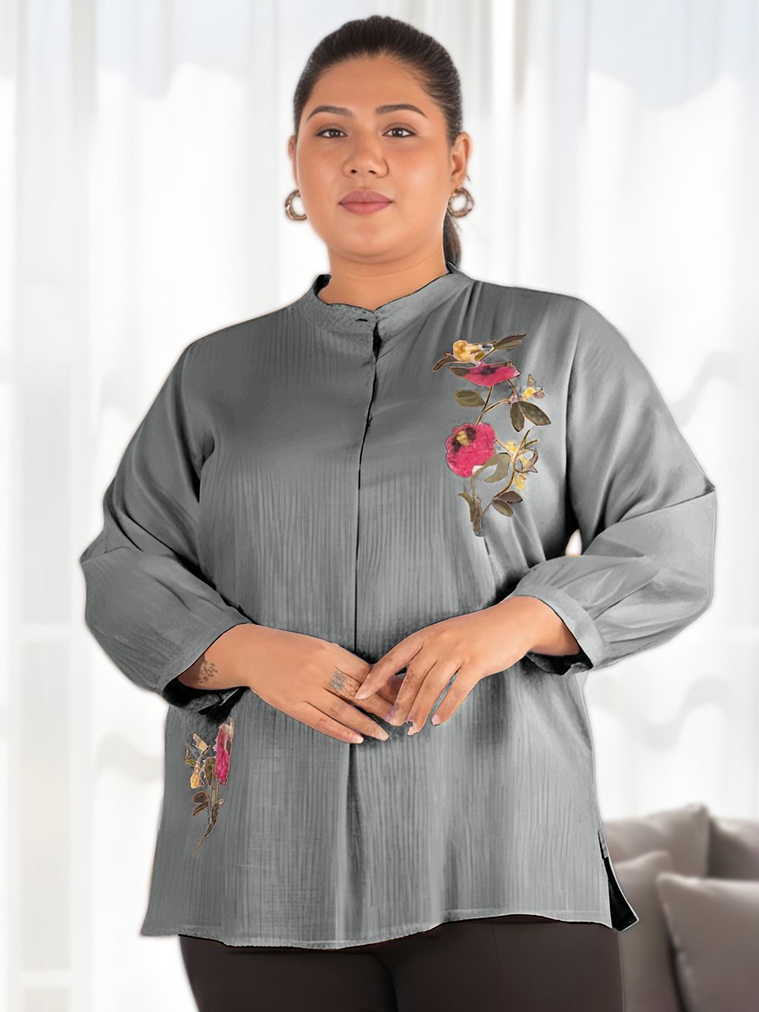 Grey Floral Embroidered Plus Size Tunic — view 1