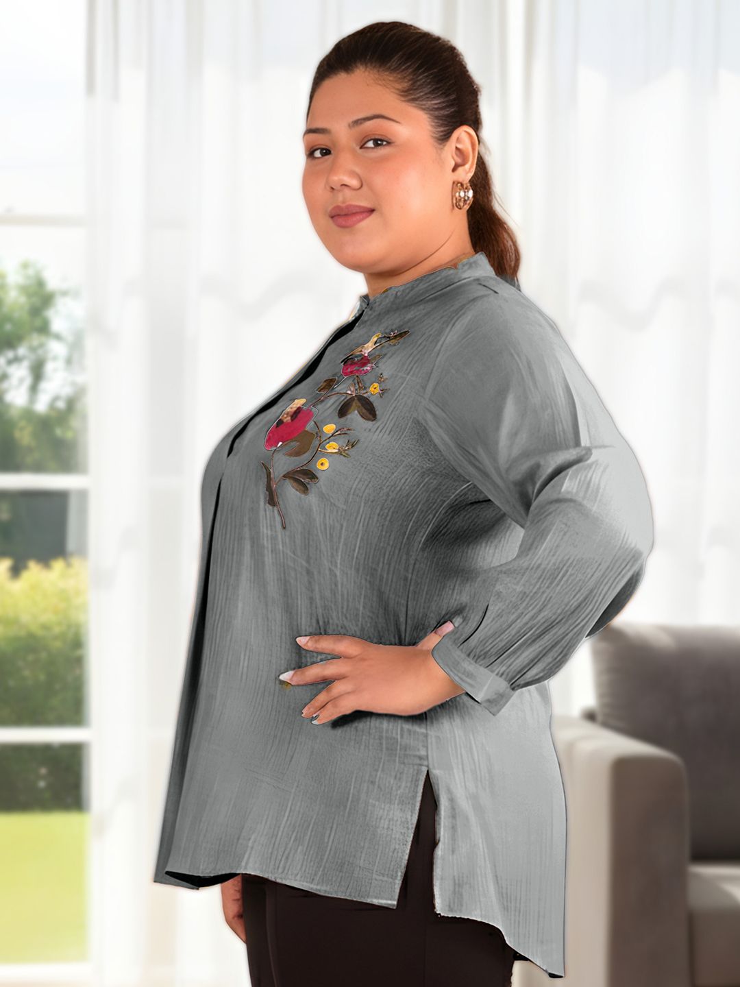Grey Floral Embroidered Plus Size Tunic — view 3