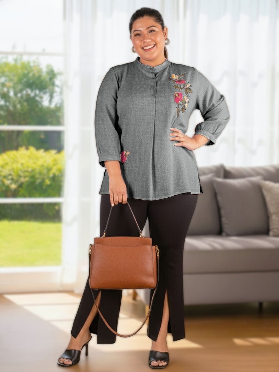 Grey Floral Embroidered Plus Size Tunic — view 6