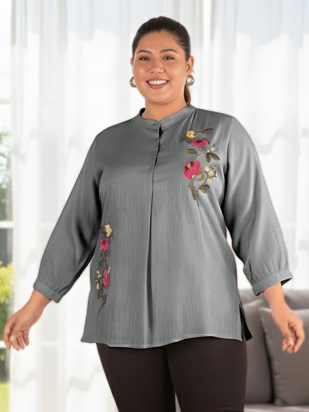 Grey Floral Embroidered Plus Size Tunic — view 7