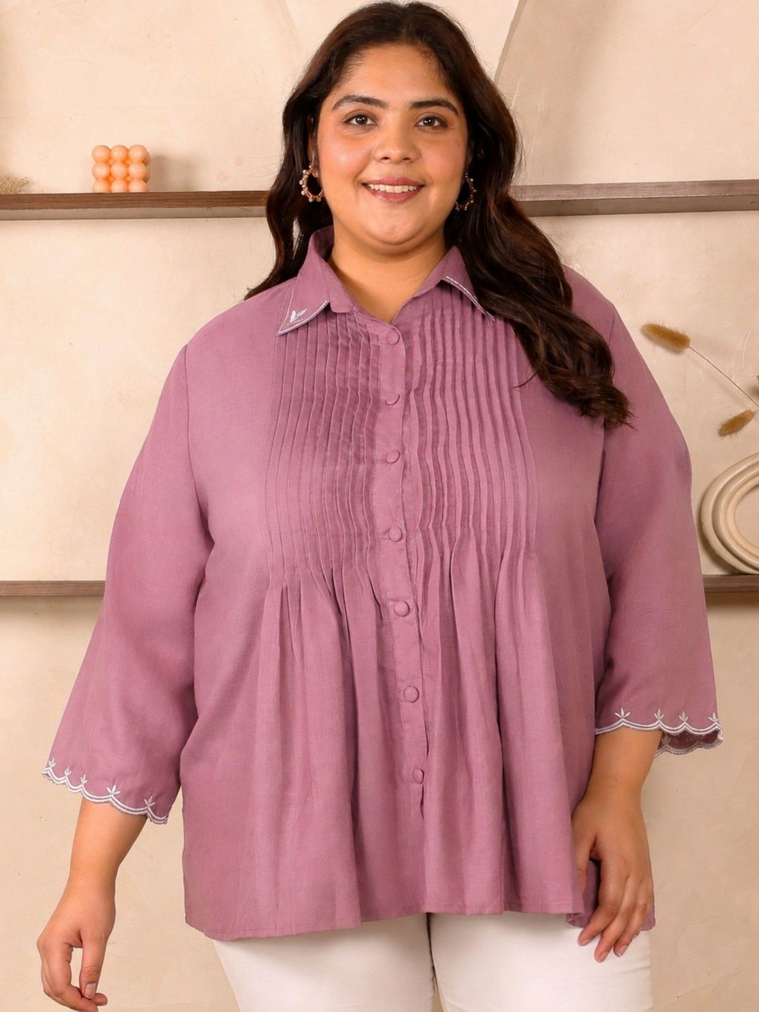 Pink Cotton Collar Embroidered Tunic — view 1