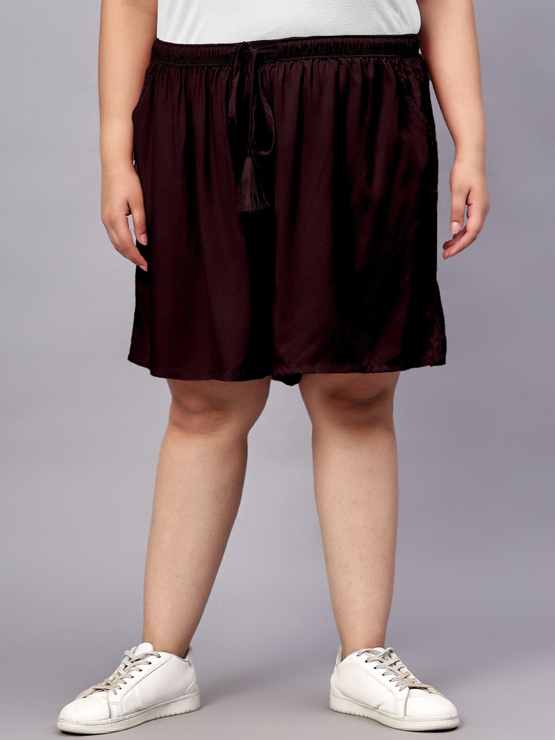 Brown Solid Plus Size Flared Shorts — view 1