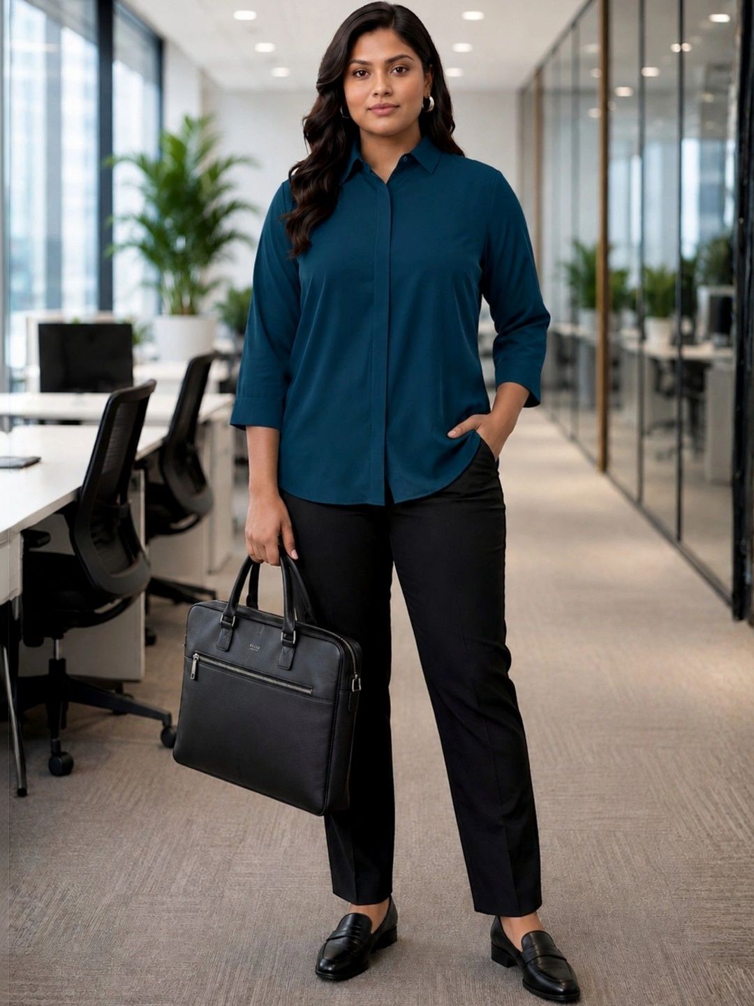 Peacock Blue Rayon Concealed Plus Size Tunic — view 5