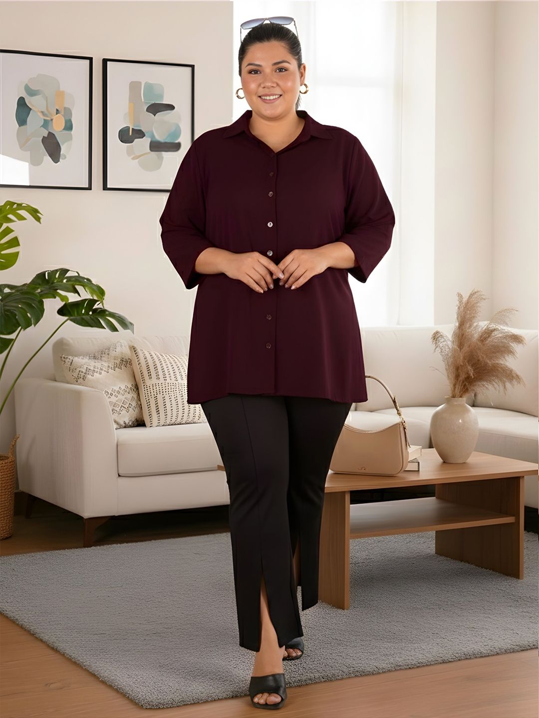 Brown Longline Plus Size Shirt — view 6
