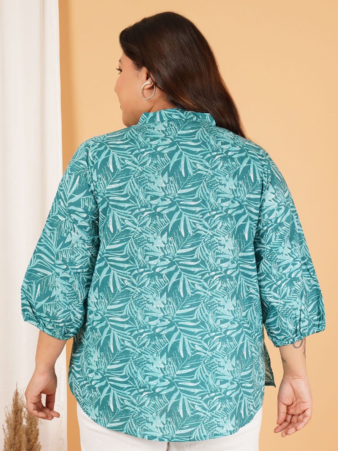 Green Leaf Print Plus Size Lace Shirt — view 5
