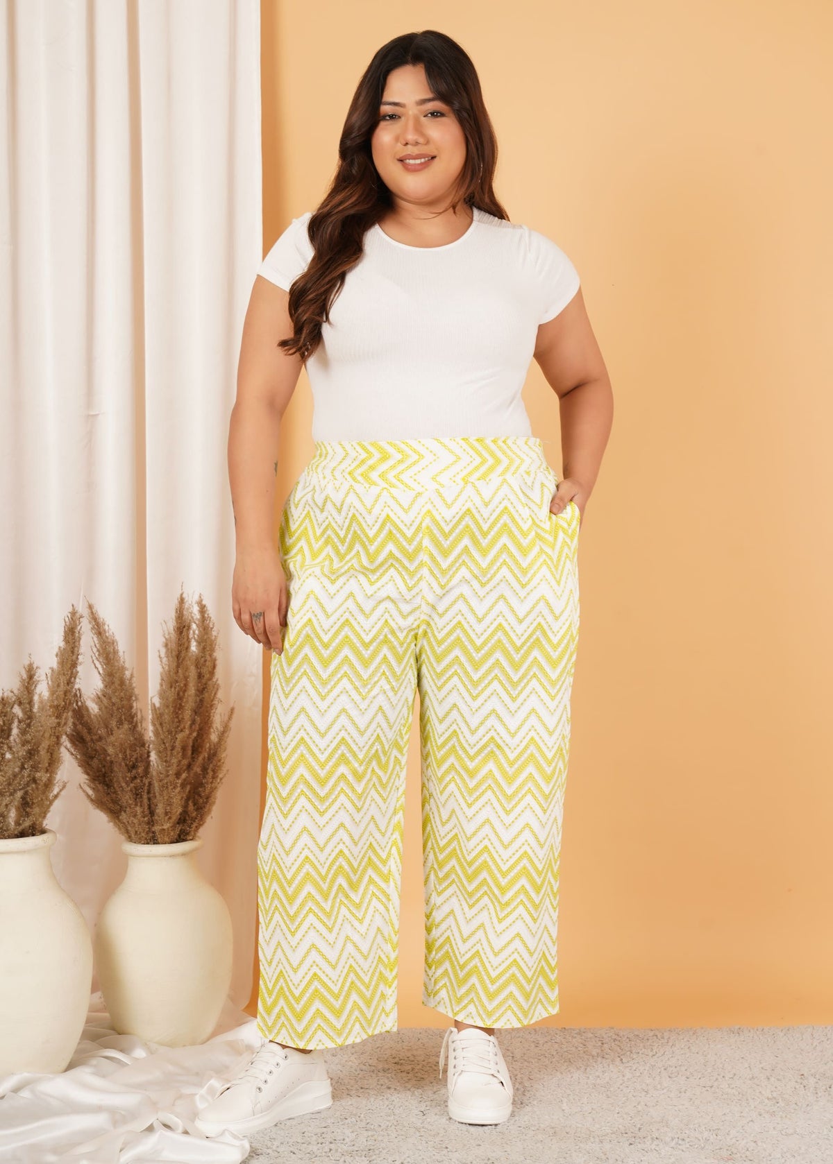 Yellow Stripe Print Plus Size Trouser — view 6