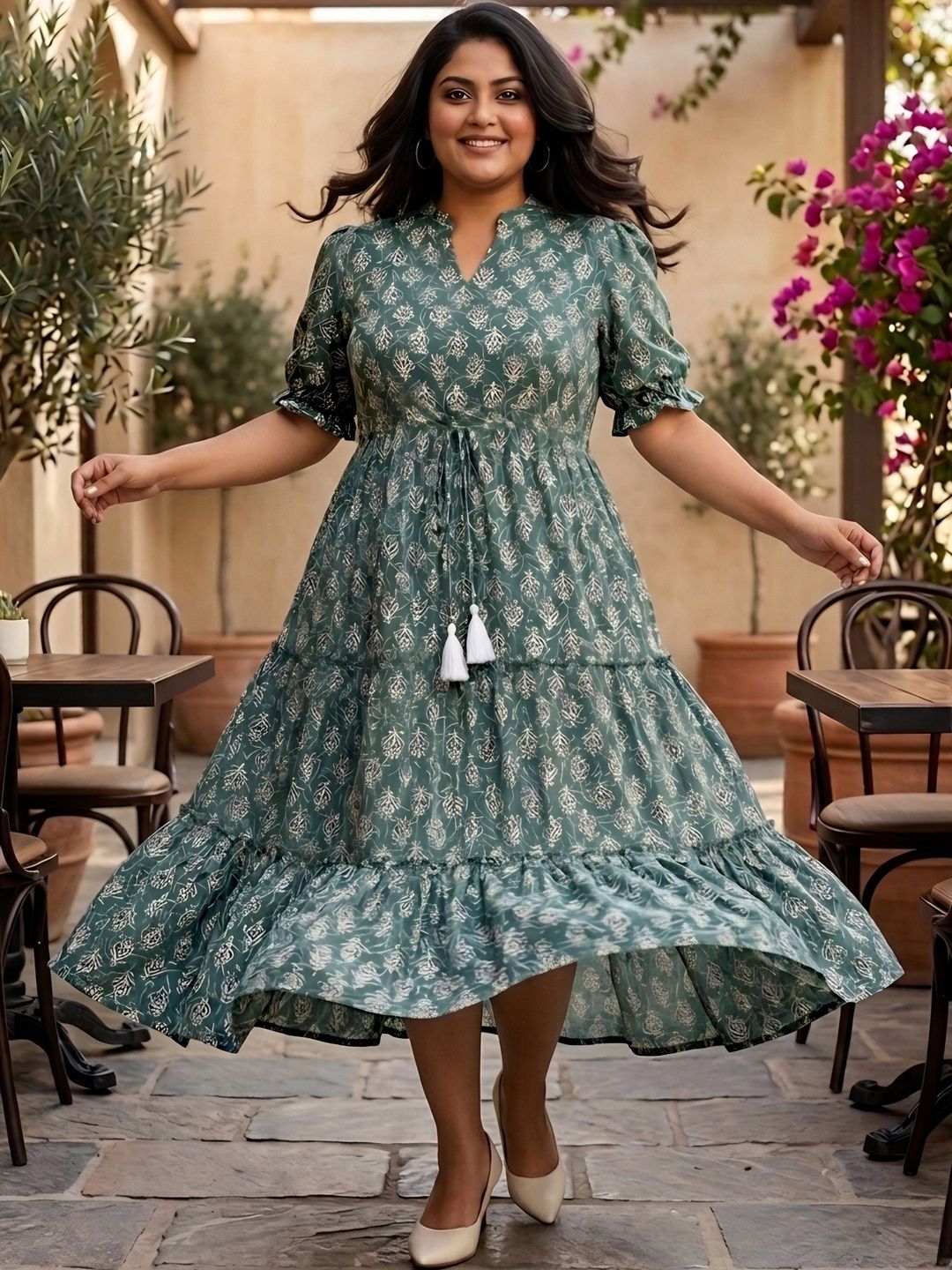 Green Floral Tiered Plus Size Dress — view 5