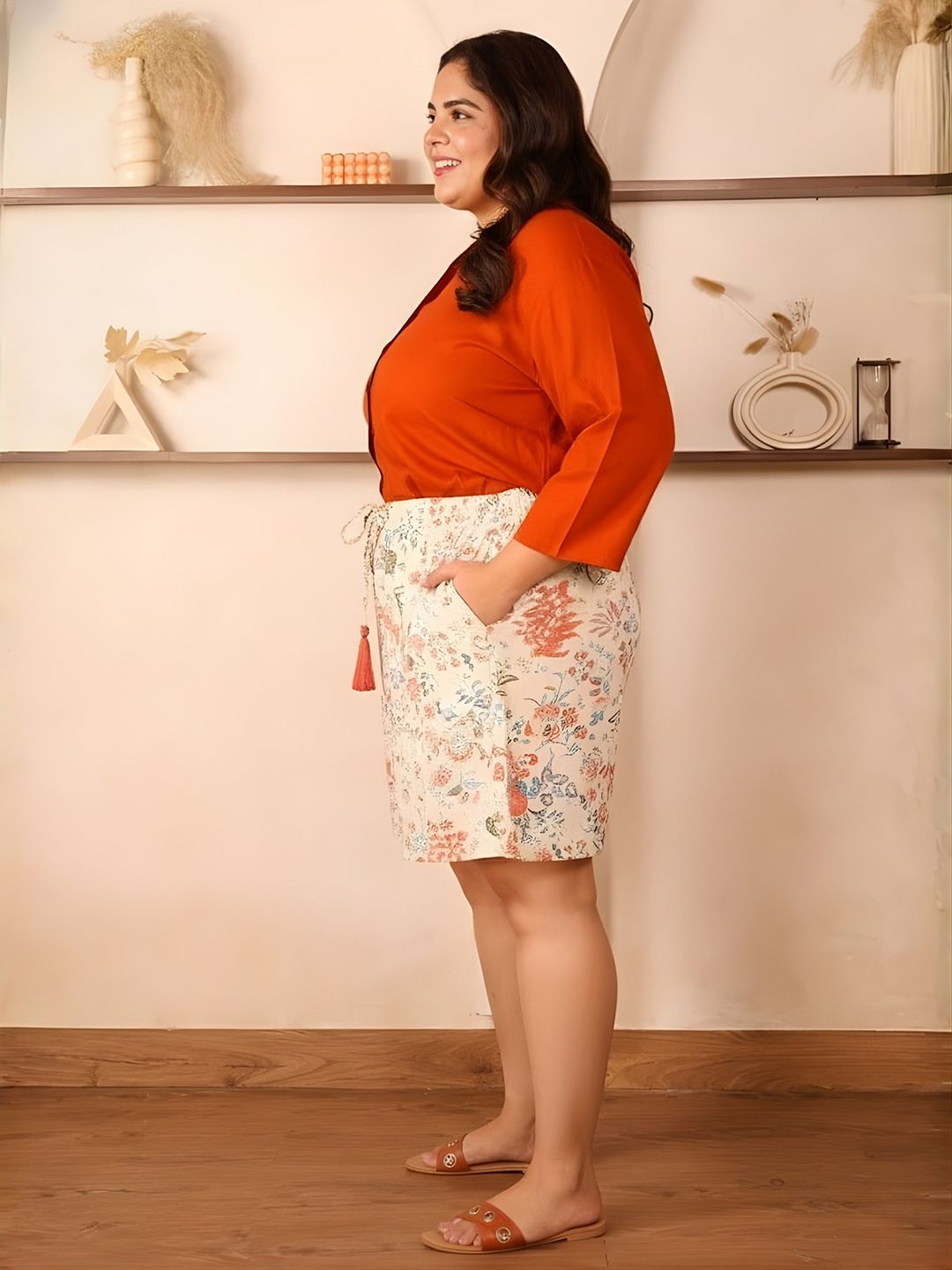 Orange Solid Shirt and Floral Print Shorts Set — view 5
