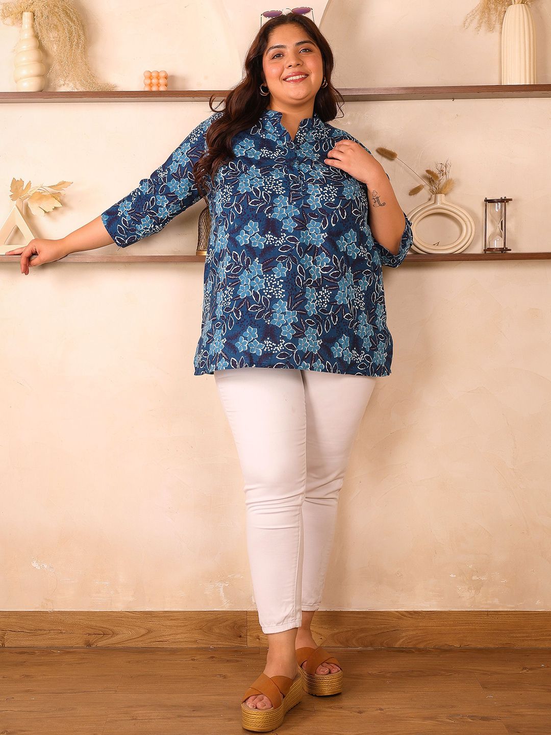 Blue Floral Cotton Print Tunic — view 6