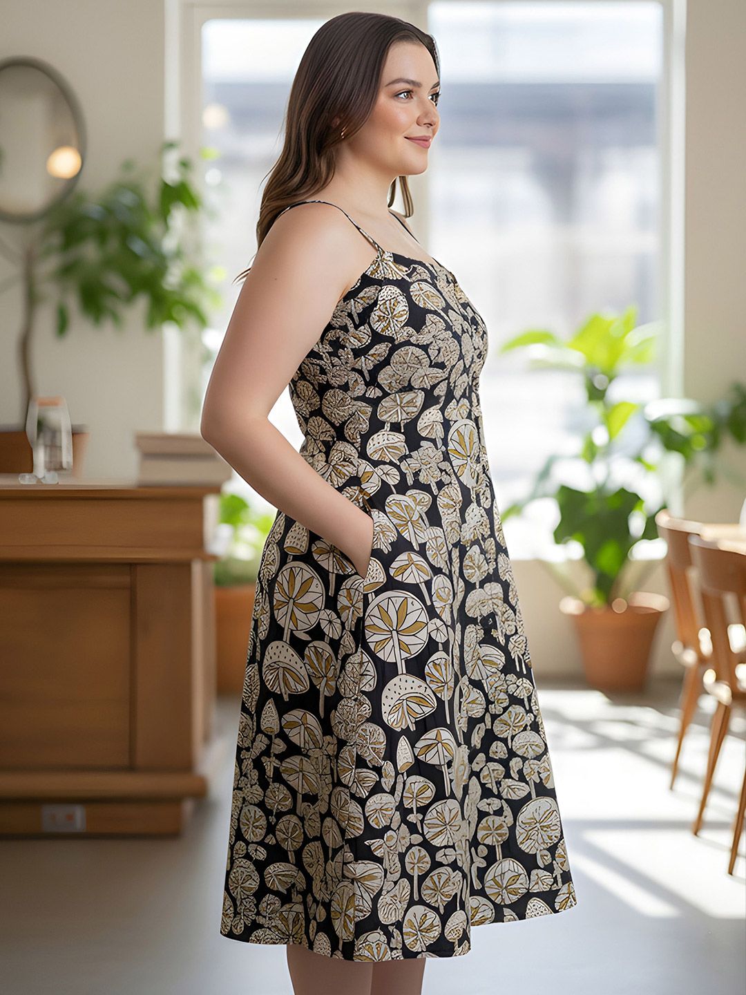 Black Mushroom Print Strap Plus Size Dress — view 3