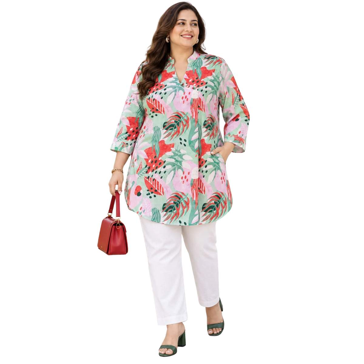 Red and Green Abstract Print Long Tunic