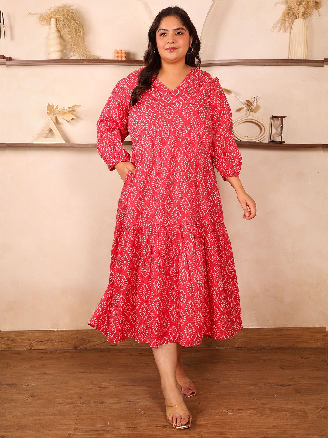 Pink Cotton Print Plus Size Dress — view 1